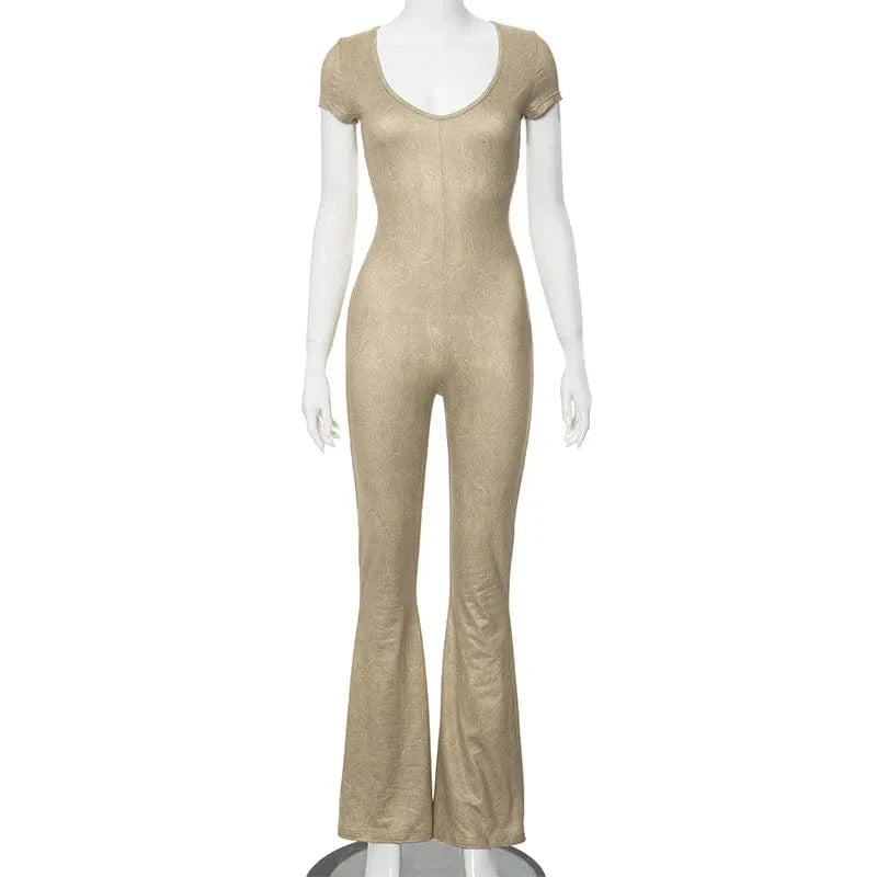 2024 Spring summer Short Sleeve Flare Jumpsuits Solid color Outfits For Woman Casual All In One Jumpsuit Women