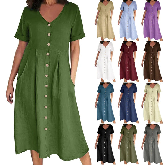 2024 Spring Summer Women's New Solid Color Loose High Waist Mid-long A-line Dress V-neck Breasted Cotton Hemp Women's DressES