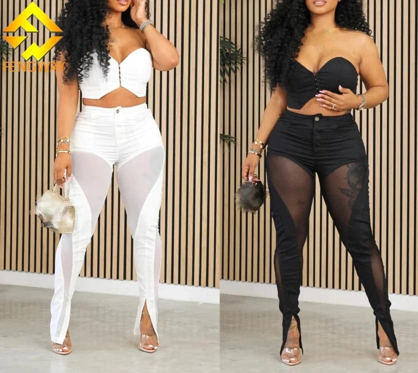 2024 Spring summer Women Sexy Tube Crop Top And Flare Slit Hem Mesh Patchwork Pants Casual 2 Piece Outfit
