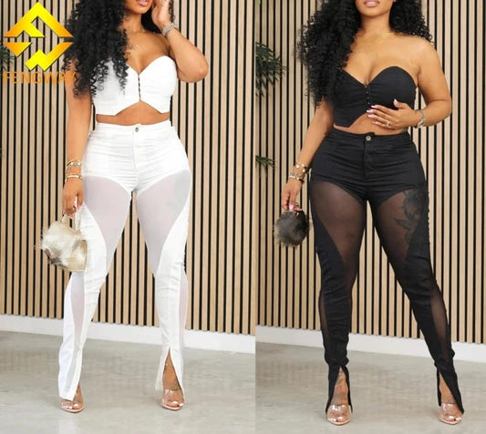 2024 Spring summer Women Sexy Tube Crop Top And Flare Slit Hem Mesh Patchwork Pants Casual 2 Piece Outfit