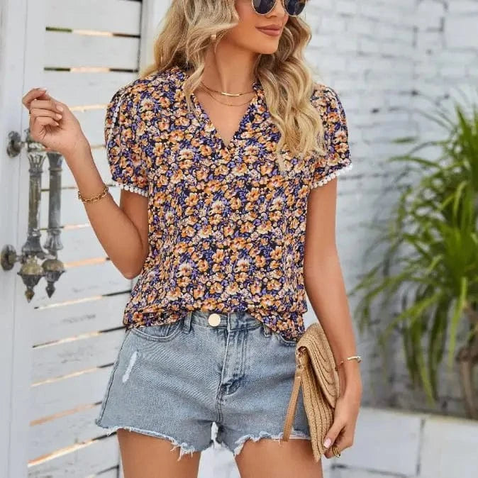 2024 Spring Summer Women Shirts Tops Cardigan V-Neck Chiffon Floral Women's Lace Petal Short Sleeve Fashion Loose Casual T-Shirt