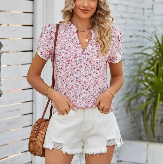 2024 Spring Summer Women Shirts Tops Cardigan V-Neck Chiffon Floral Women's Lace Petal Short Sleeve Fashion Loose Casual T-Shirt