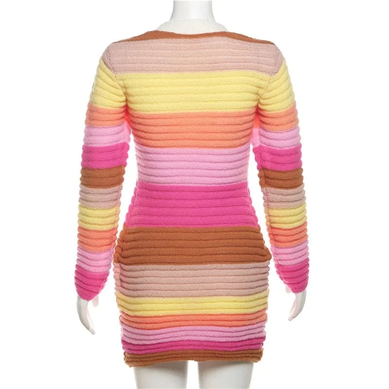 2024 Spring Women Knitted Colorful Mini Dress Women Casual Low Neck Single Breasted Long Sleeve Sweater Dress