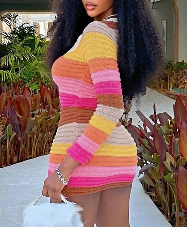 2024 Spring Women Knitted Colorful Mini Dress Women Casual Low Neck Single Breasted Long Sleeve Sweater Dress