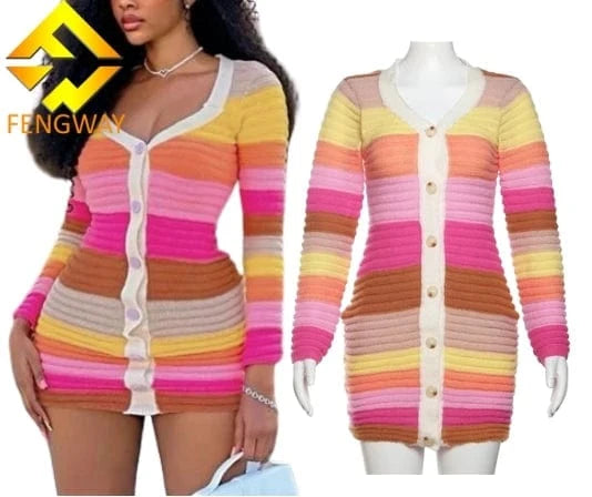 2024 Spring Women Knitted Colorful Mini Dress Women Casual Low Neck Single Breasted Long Sleeve Sweater Dress