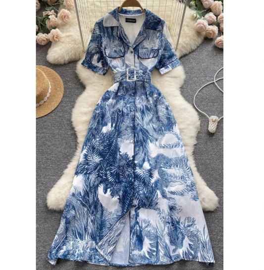 2024 Summer Casual Blouse Print Long Skirt Light Elegant Dress With Belt
