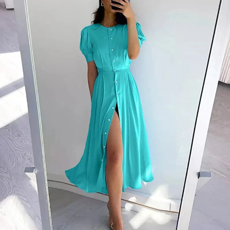 2024 Summer European and American New Solid Color Temperament Slim Fit High Waist Cardigan Button Mid length Dress