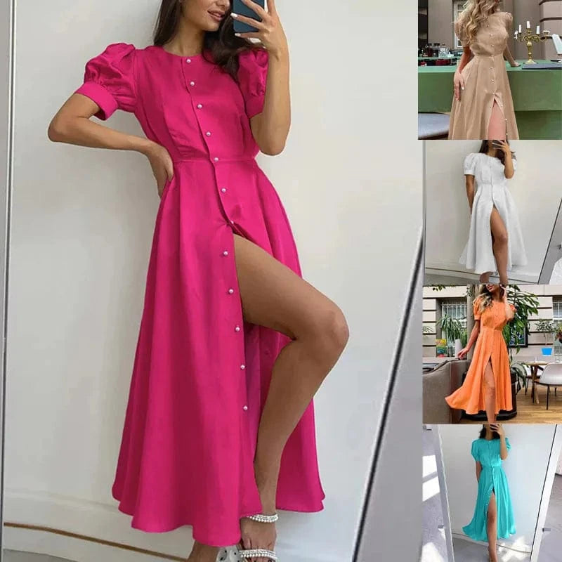 2024 Summer European and American New Solid Color Temperament Slim Fit High Waist Cardigan Button Mid length Dress