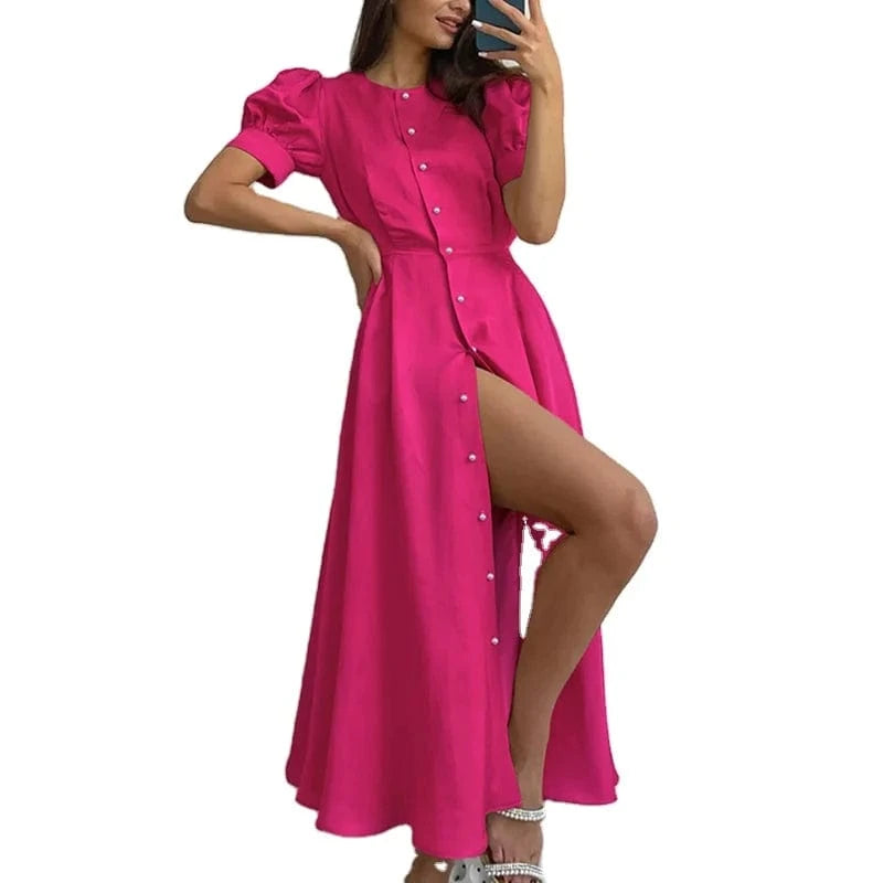 2024 Summer European and American New Solid Color Temperament Slim Fit High Waist Cardigan Button Mid length Dress