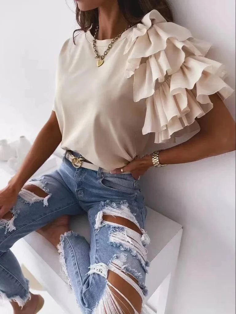2024 Summer Minimalist Fashionable Women Shirts Tops Solid Color Women's  Ruffle Edge Short Sleeve Versatile Round Neck