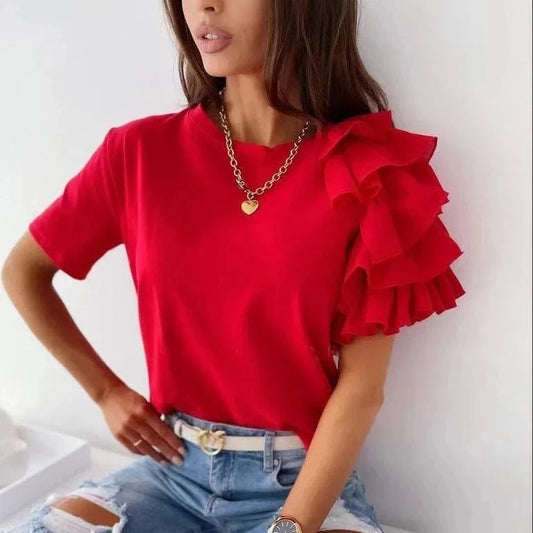 2024 Summer Minimalist Fashionable Women Shirts Tops Solid Color Women's  Ruffle Edge Short Sleeve Versatile Round Neck