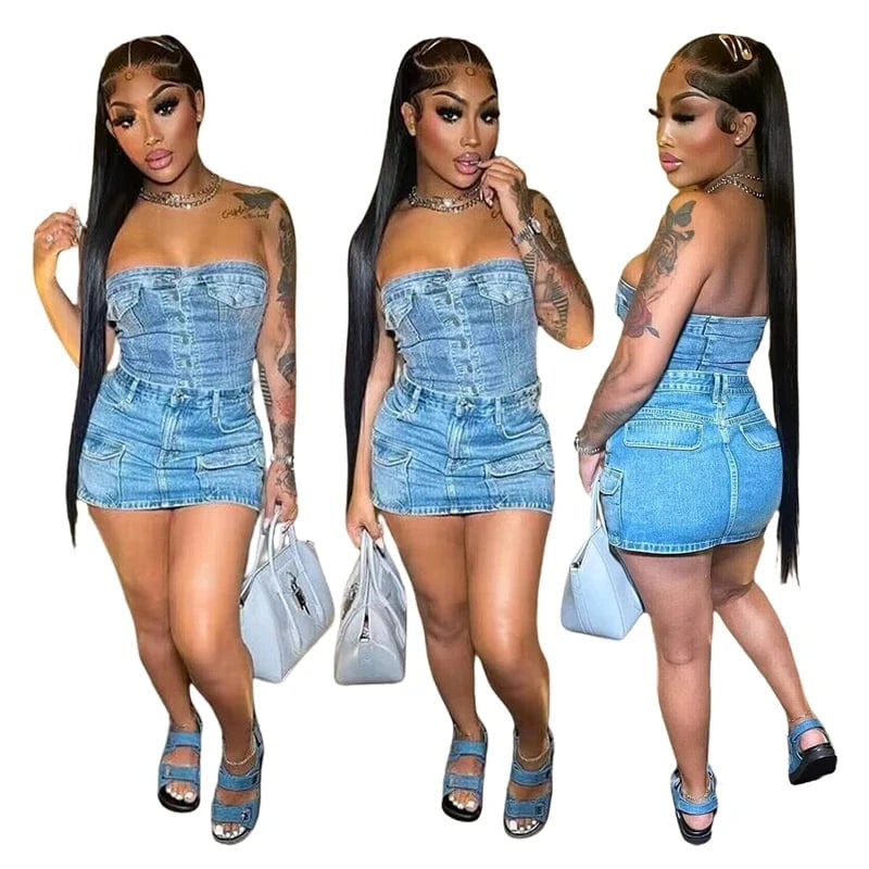 2024 summer new arrival girls ladies woman korean hot sexy club clothing jeans denim one piece bodycon strapless mini dress bale