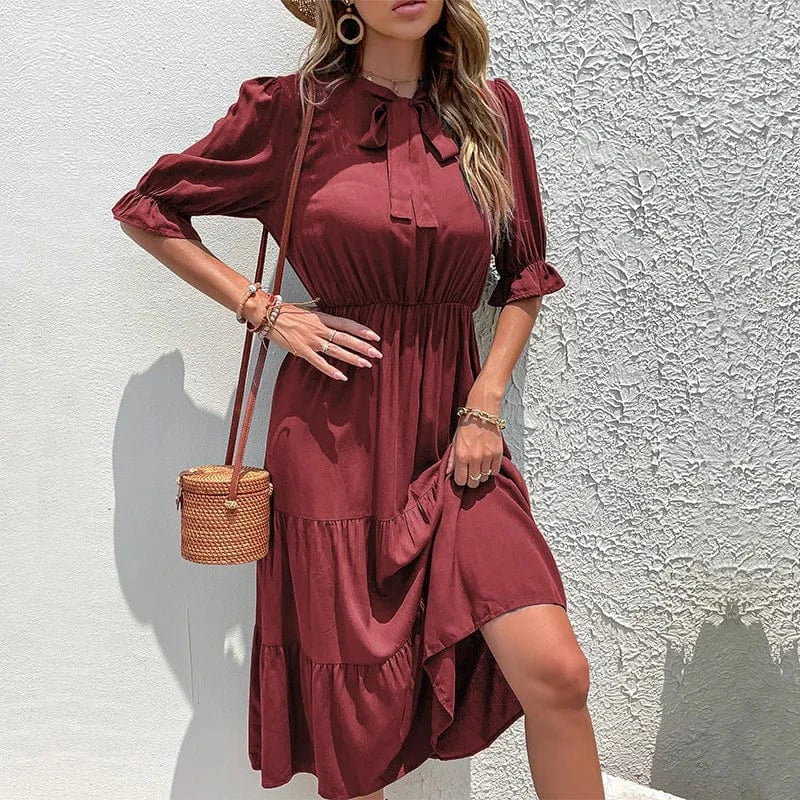 2024 Summer new Round neck Five-quarter sleeve Dress Wrinkle bow ribbon Waist Solid color Women's dress