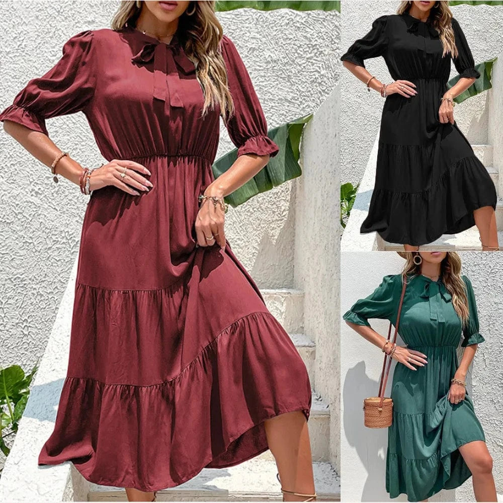 2024 Summer new Round neck Five-quarter sleeve Dress Wrinkle bow ribbon Waist Solid color Women's dress