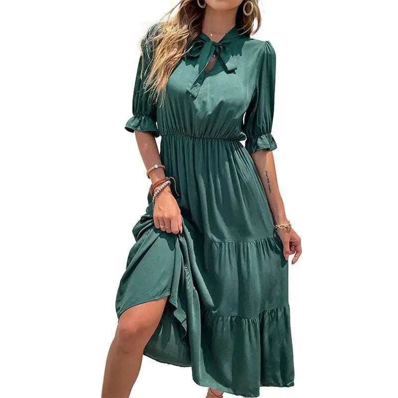 2024 Summer new Round neck Five-quarter sleeve Dress Wrinkle bow ribbon Waist Solid color Women's dress