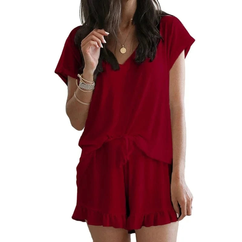 2024 Summer New Short sleeved  Home Furnishing Two piece V-neck Solid Color Casual Comfortable Women's Set