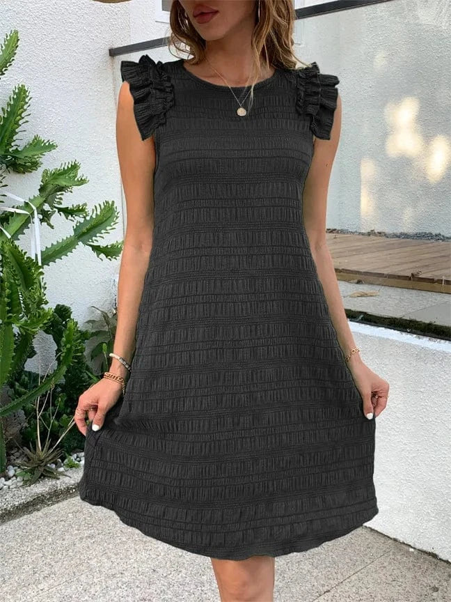 2024 Summer New Solid Color Auricular Edge Fashion Casual Art Sleeveless Dress Women's Mid length Dress