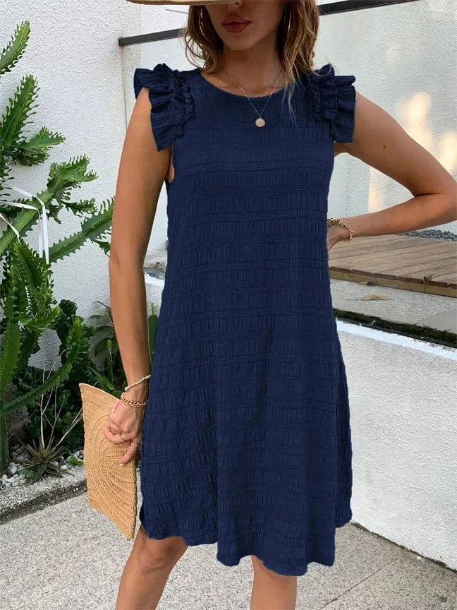 2024 Summer New Solid Color Auricular Edge Fashion Casual Art Sleeveless Dress Women's Mid length Dress