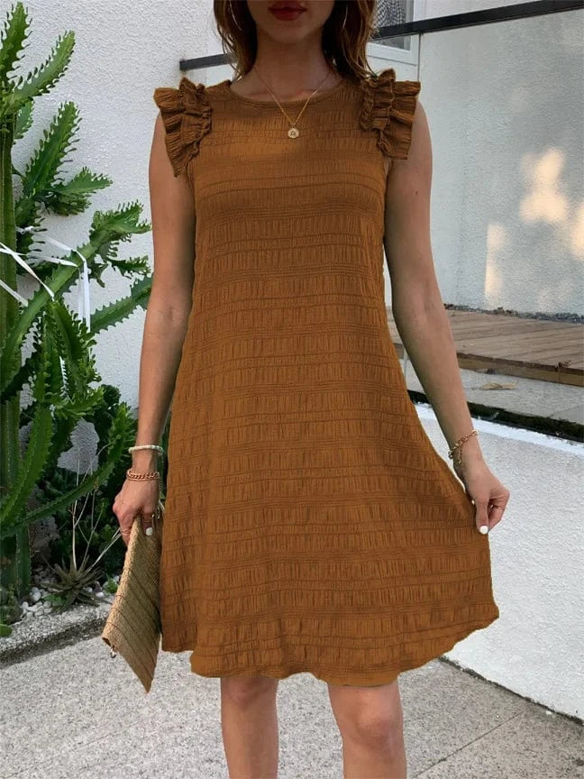 2024 Summer New Solid Color Auricular Edge Fashion Casual Art Sleeveless Dress Women's Mid length Dress