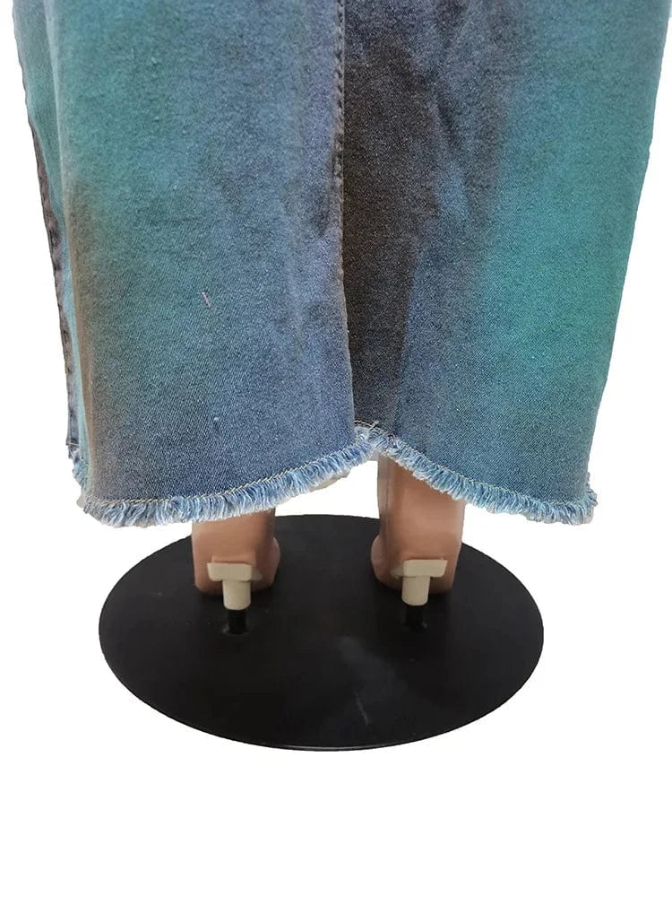 2024 Summer Sexy Bodycon Fitted Tube Denim Dress Multi Pocket High Split Cargo Jean Women's Dress