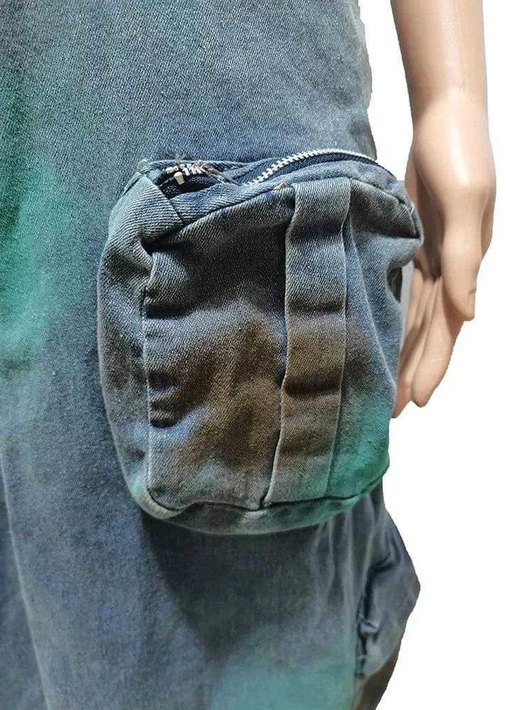 2024 Summer Sexy Bodycon Fitted Tube Denim Dress Multi Pocket High Split Cargo Jean Women's Dress