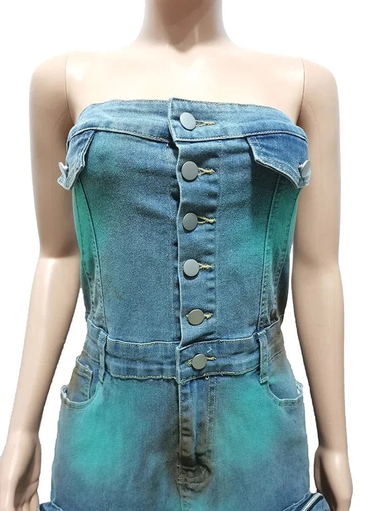 2024 Summer Sexy Bodycon Fitted Tube Denim Dress Multi Pocket High Split Cargo Jean Women's Dress