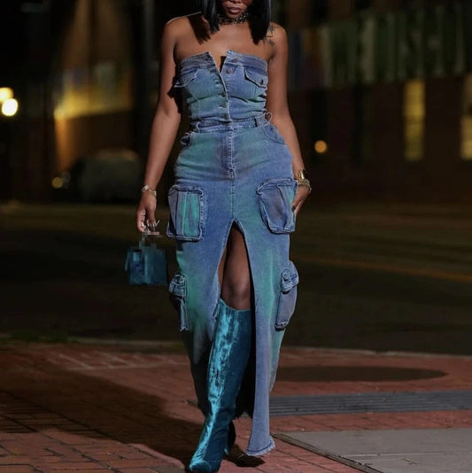 2024 Summer Sexy Bodycon Fitted Tube Denim Dress Multi Pocket High Split Cargo Jean Women's Dress