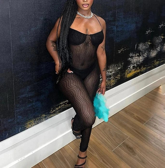 2024 Summer Sexy Halter Mesh See Through Jumpsuits Women Sleeveless Skinny Pencil Pants One Piece Rompers