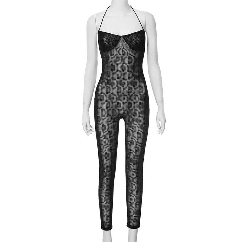 2024 Summer Sexy Halter Mesh See Through Jumpsuits Women Sleeveless Skinny Pencil Pants One Piece Rompers