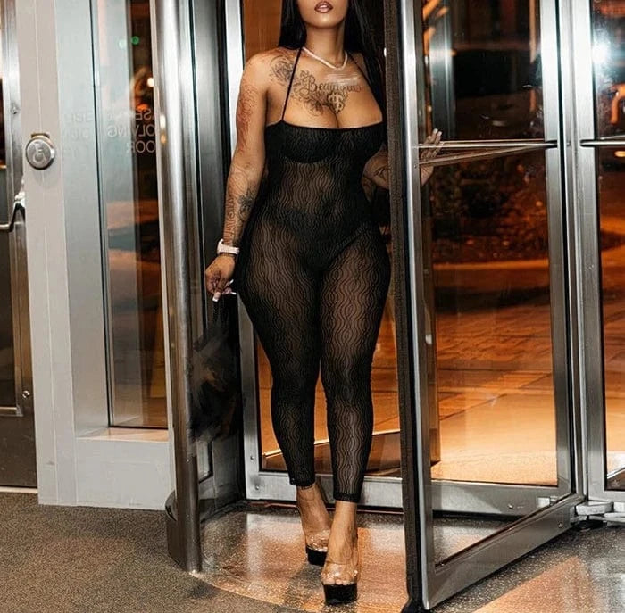 2024 Summer Sexy Halter Mesh See Through Jumpsuits Women Sleeveless Skinny Pencil Pants One Piece Rompers