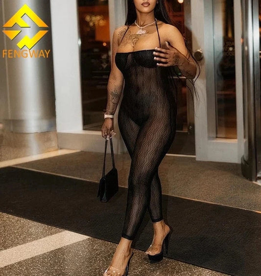 2024 Summer Sexy Halter Mesh See Through Jumpsuits Women Sleeveless Skinny Pencil Pants One Piece Rompers