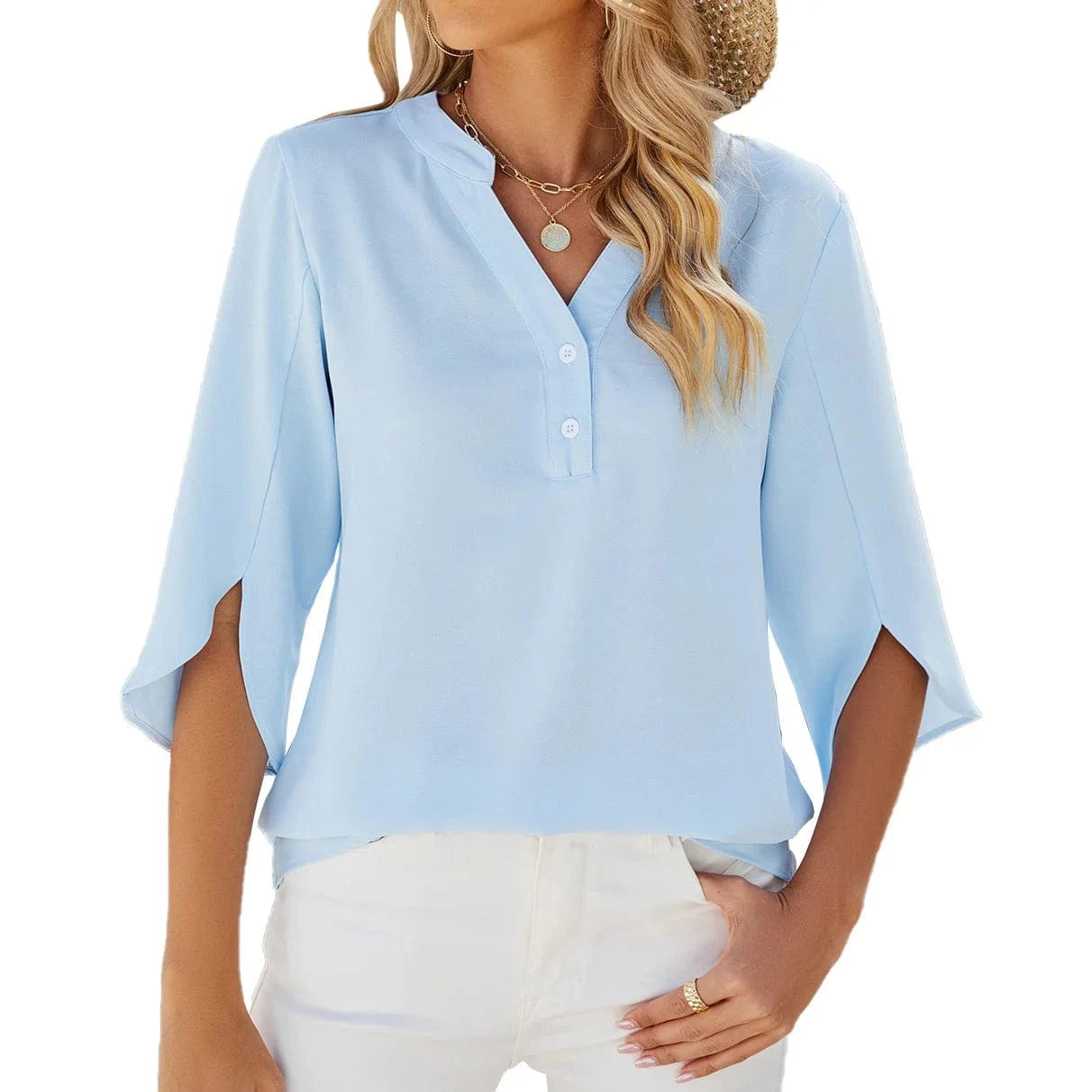 2024 Summer Women Shirts Chiffon Tops Solid Color V-Neck Button Women's  Ruffle Mid Sleeve Fashion Loose Casual Blouse
