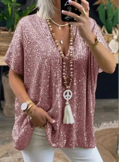 2024 Summer Women Shirts Tops Solid Color V-Neck  Women's  Sequin Short Sleeve Fashion Loose Fitting Casual Blouse