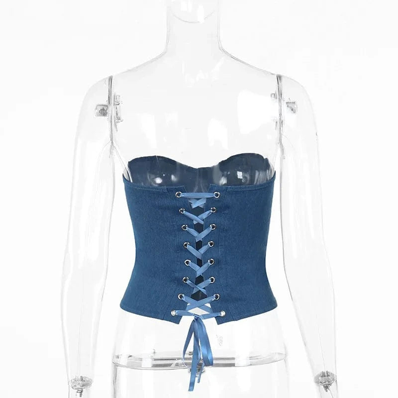 2024 Women Diamond Fashion Strapless Denim Corset Women Backless Bandage Female Sexy Tank Top