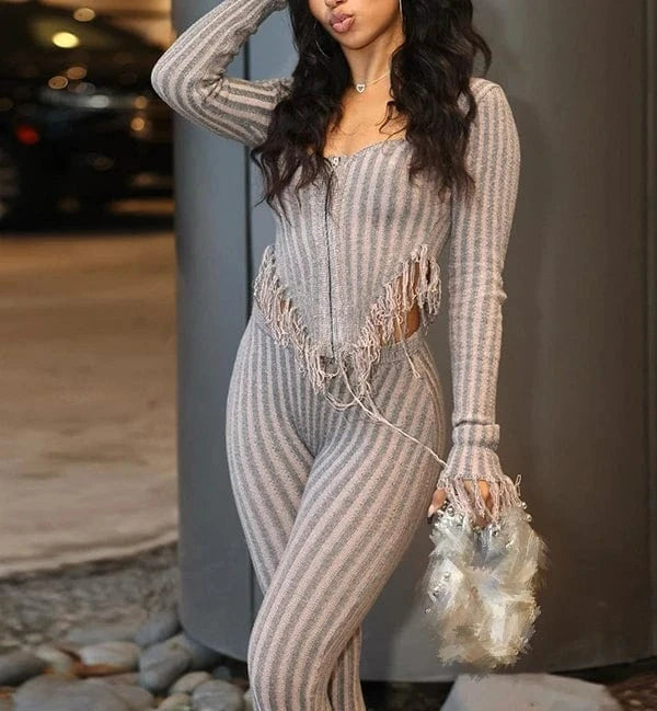 2024 Women Knitted Tassel 2 Piece Set Autumn Irregular Shape Long Sleeve Tops+elastic High Waist Pants Female Matching Suits