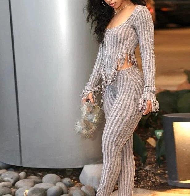 2024 Women Knitted Tassel 2 Piece Set Autumn Irregular Shape Long Sleeve Tops+elastic High Waist Pants Female Matching Suits