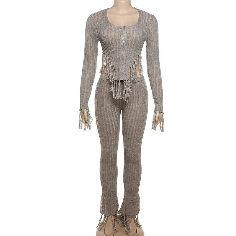 2024 Women Knitted Tassel 2 Piece Set Autumn Irregular Shape Long Sleeve Tops+elastic High Waist Pants Female Matching Suits