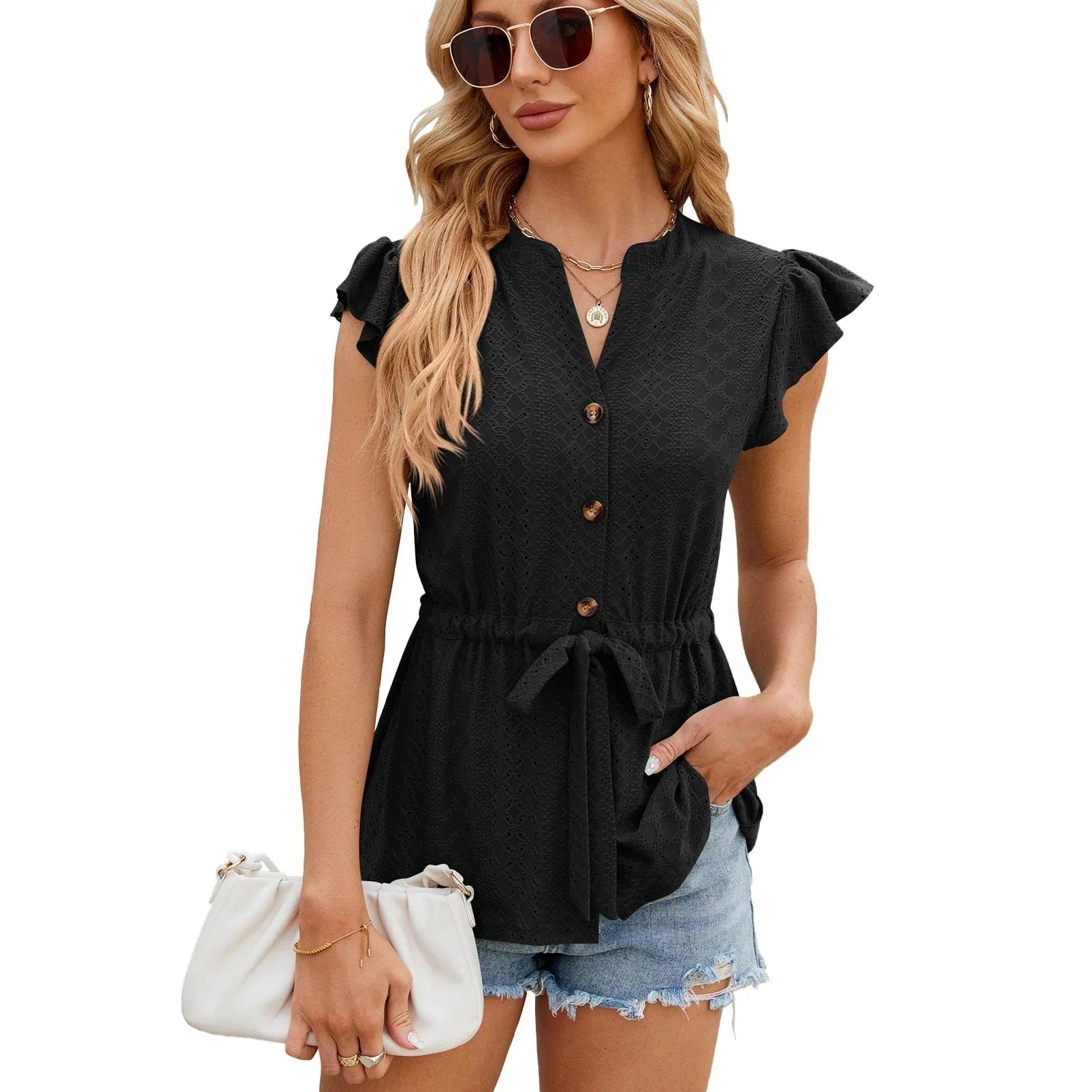 2024 Women Lady Girls  Spring And Summer New Solid Color Button Lace-up Loose T-shirt Top Cardigan for Women