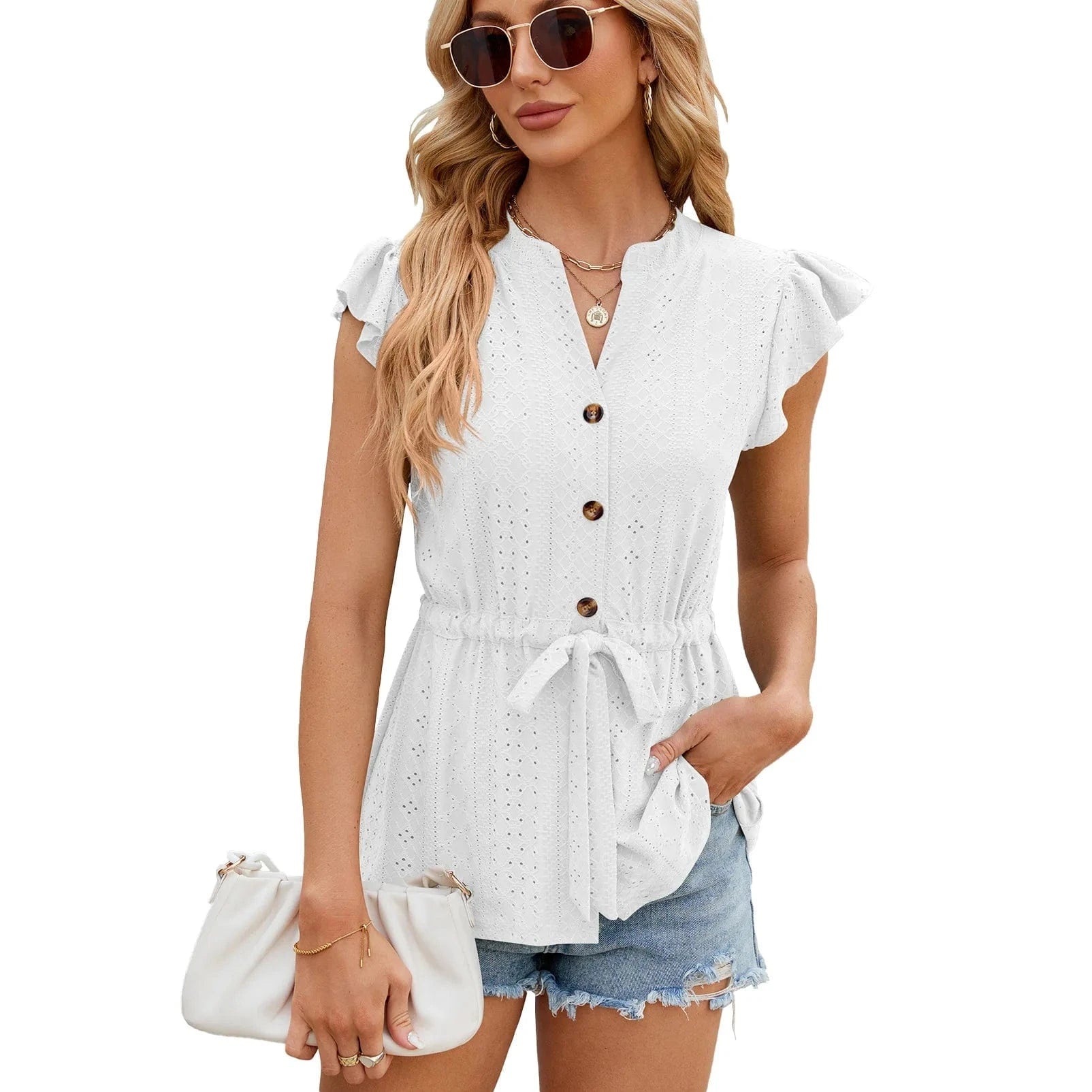 2024 Women Lady Girls  Spring And Summer New Solid Color Button Lace-up Loose T-shirt Top Cardigan for Women