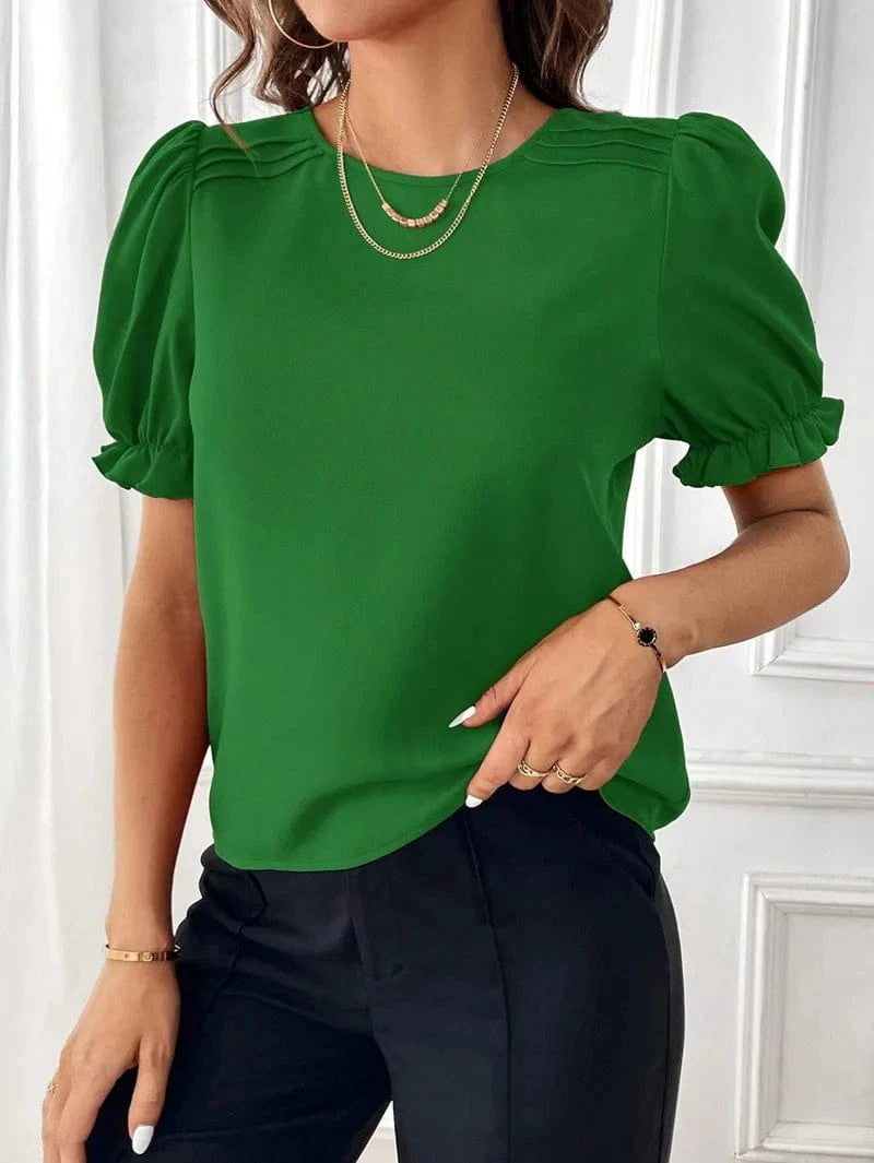 2024 Women Lady  Hot Sale Elastic Short Sleeve Summer New Fashion Temperament Solid Color Round Neck Shirt Top