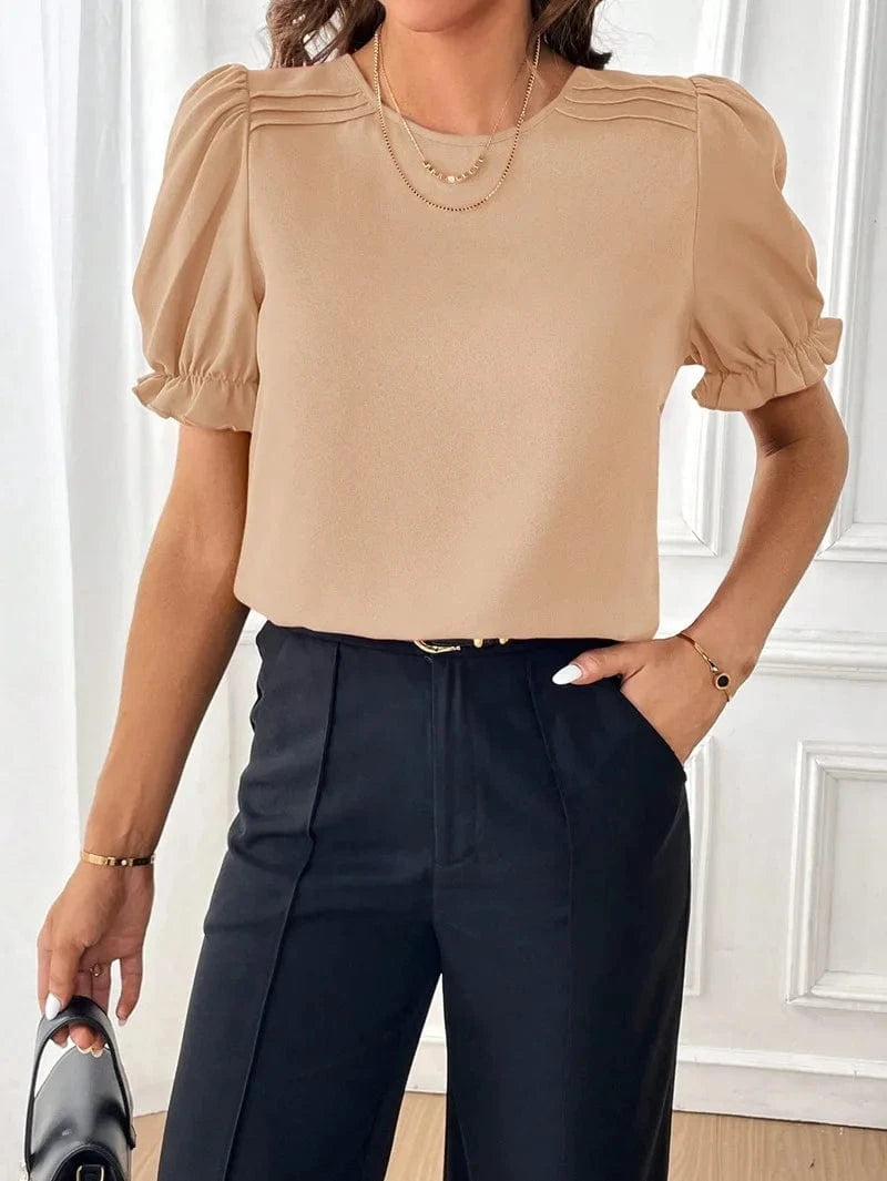 2024 Women Lady  Hot Sale Elastic Short Sleeve Summer New Fashion Temperament Solid Color Round Neck Shirt Top