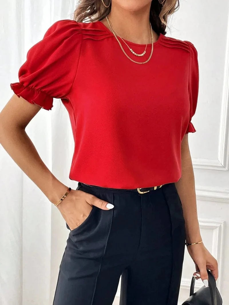2024 Women Lady  Hot Sale Elastic Short Sleeve Summer New Fashion Temperament Solid Color Round Neck Shirt Top