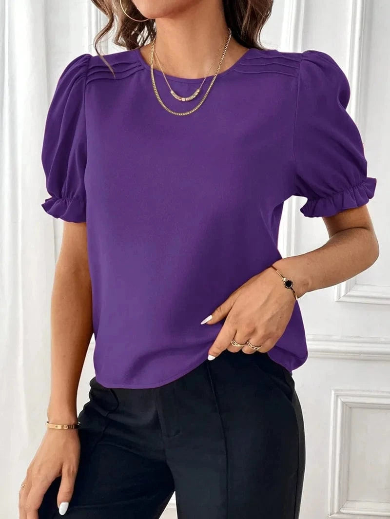 2024 Women Lady  Hot Sale Elastic Short Sleeve Summer New Fashion Temperament Solid Color Round Neck Shirt Top