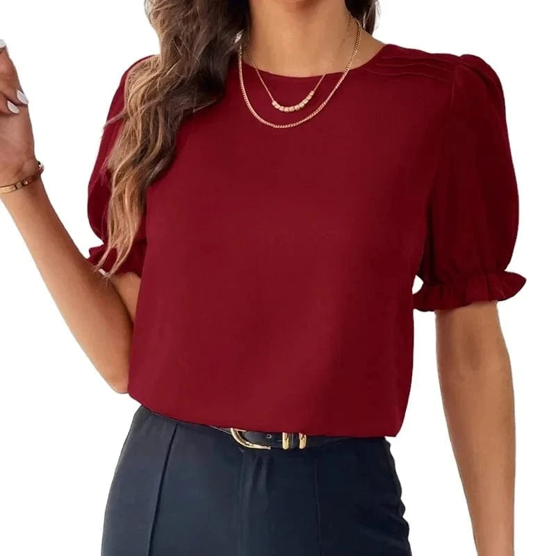 2024 Women Lady  Hot Sale Elastic Short Sleeve Summer New Fashion Temperament Solid Color Round Neck Shirt Top