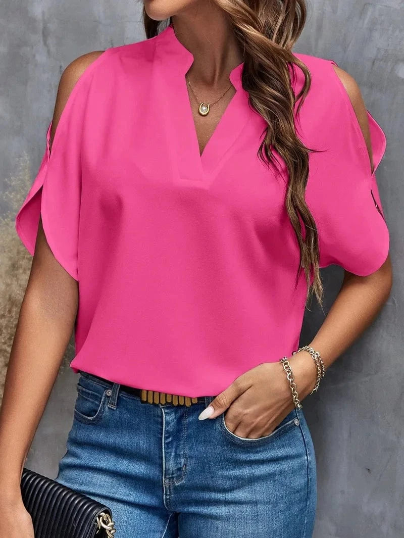 2024 Women Lady Solid Loose V-neck Short Sleeves Spring Summer New Fashion Sleeved Casual Daily  Blouse T-shirt