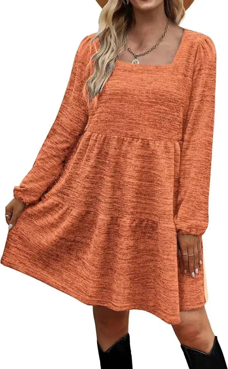 2024 Women Long Sleeve Dress Europe New Fashion Lady  Spring Autumn Patchwork  Square Collar Casual Midi A-line Dress