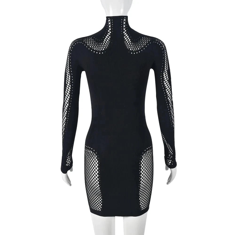 2024 Women New Long Sleeve Hollow Out Bodycon Hole Sexy Slim See Through black Mini Dress