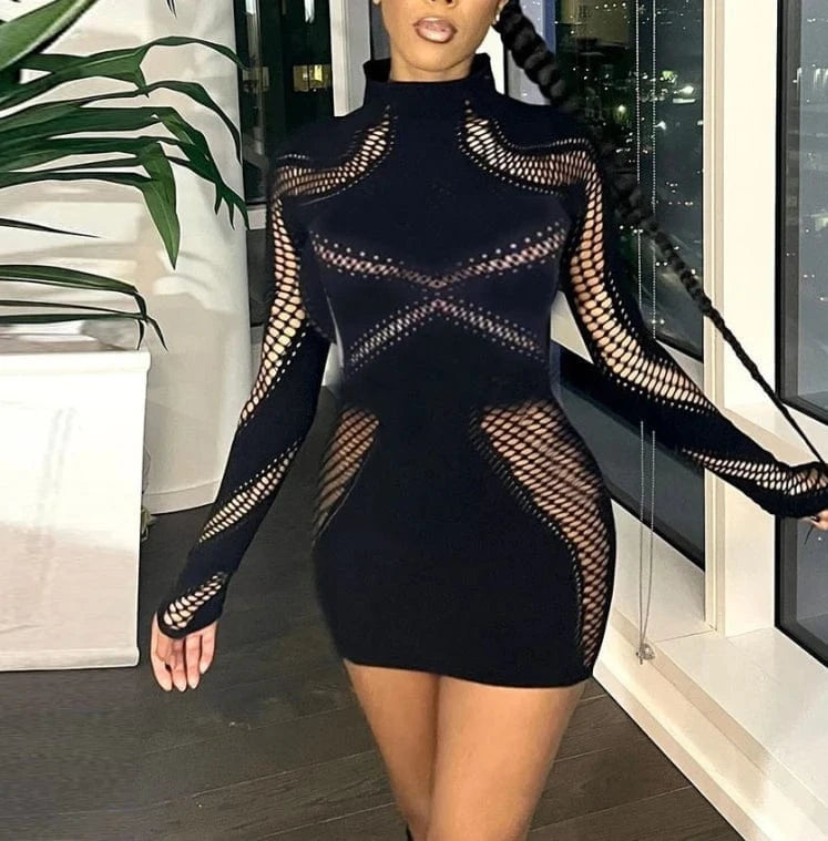 2024 Women New Long Sleeve Hollow Out Bodycon Hole Sexy Slim See Through black Mini Dress