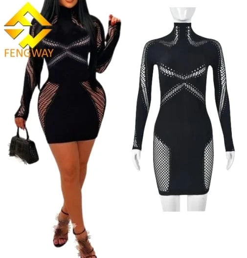 2024 Women New Long Sleeve Hollow Out Bodycon Hole Sexy Slim See Through black Mini Dress