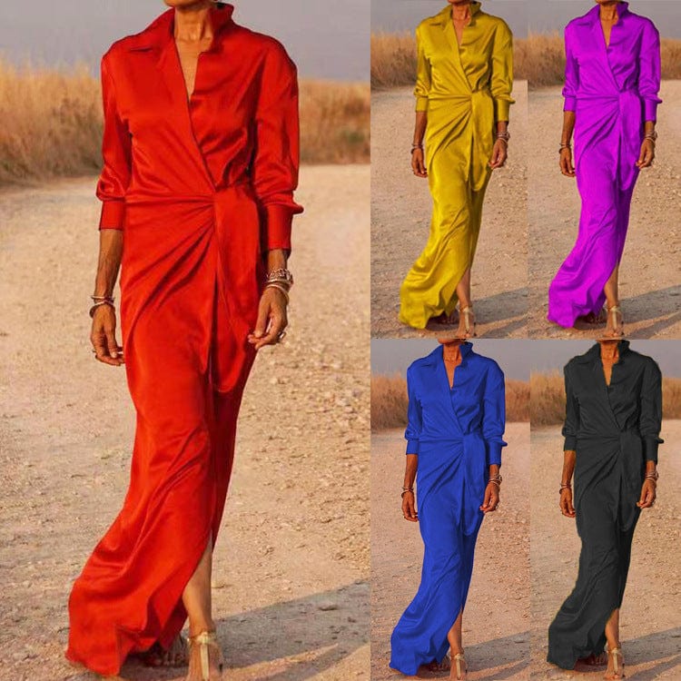 2024 Women's Clothing Ladies Lace -up High Waist Split Mopping Dress Long -sleeved Lapel Sexy Dress